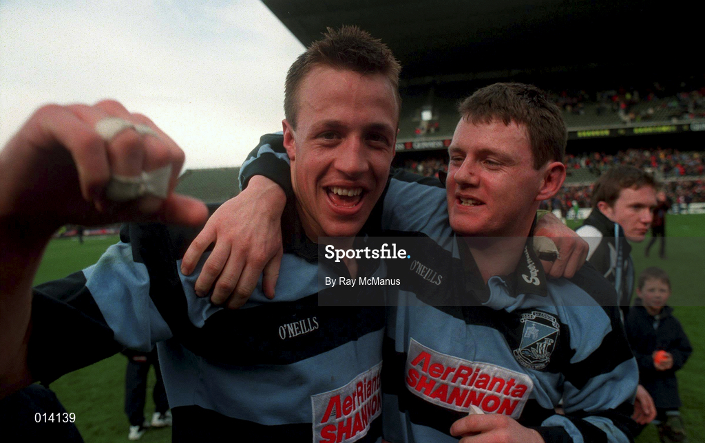 25th April 1998; Man of the Match Andrew Thompson of Shannon, Left, celebrates with team-mate Jason Hayes following the AIB All-Ireland League Division 1 Final match between Garryowen and Shannon at Lansdowne Road in Dublin. Photo by Ray McManus/Sportsfile