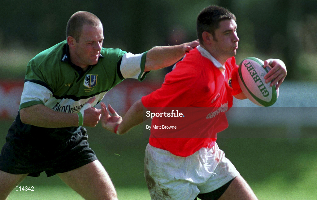 12 September 1998: Eddie Haley of Munster is tackled by Mervyn Murphy of Connacht during the Guinness Interprovincial Rugby Championship match between Munster and Connacht at Dooradoyle in Limerick. Photo by Matt Browne/Sportsfile