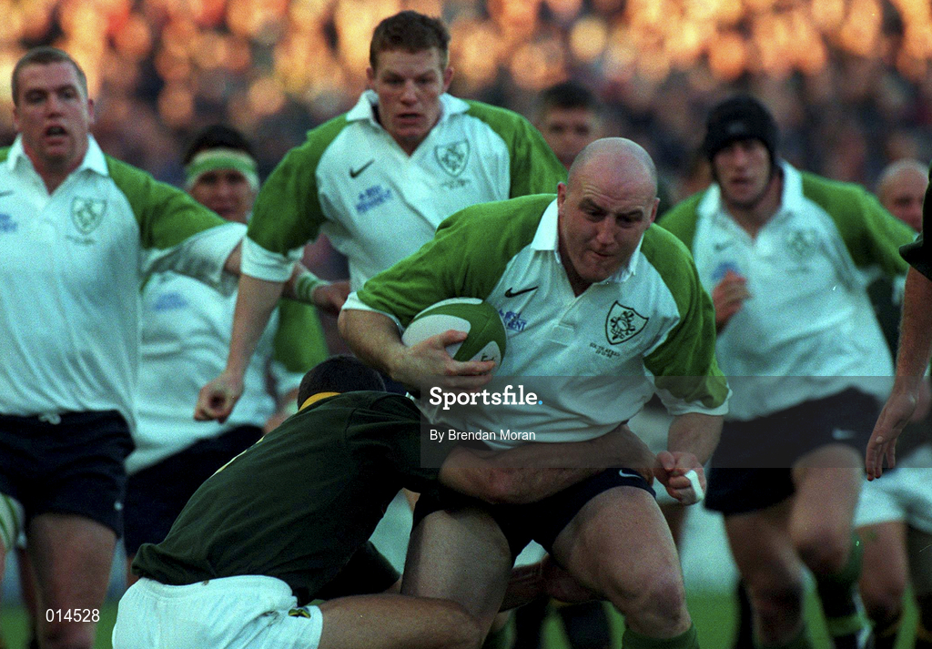 28 November 1998; Keith Wood of Ireland is tackled by Joost van der Westhuizen of South Africa during a International Friendly Match between Ireland and South Africa at Landsdowne Road in Dublin. Photo by Brendan Moran/Sportsfile