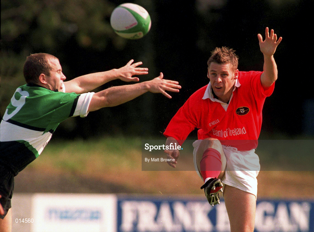12 September 1998:  Killian Keans of Munster in action against Connor McGuinness of Connacht during the Guinness Interprovincial Rugby Championship match between Munster and Connacht at Dooradoyle in Limerick. Photo by Matt Browne/Sportsfile
