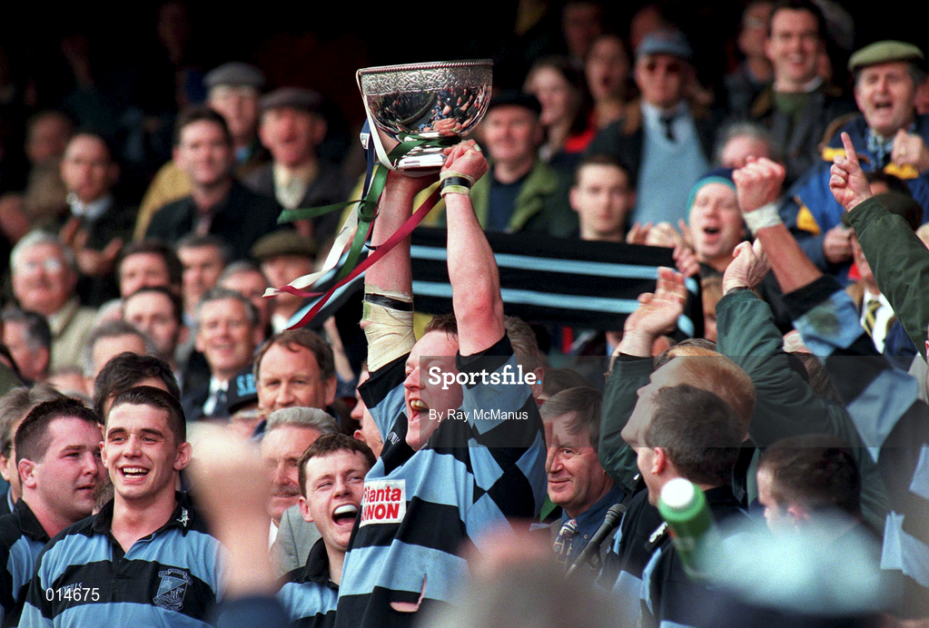 25th April 1998; Mick Galwey of Shannon lifting the cup following the AIB All-Ireland League Division 1 Final match between Garryowen and Shannon at Lansdowne Road in Dublin. Photo by Ray McManus/Sportsfile