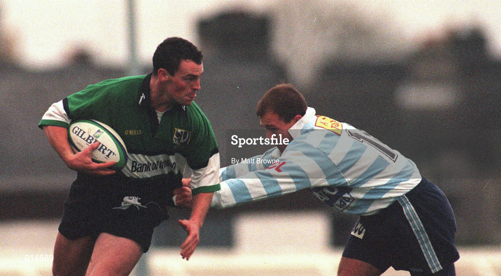 7 November 1998: Jimmy Screene of Connacht is tackled by J. Daniell of Racing Club during the European Shield match between Connacht and Racing Club at Sportsground in Galway. Photo by Matt Browne/Sportsfile