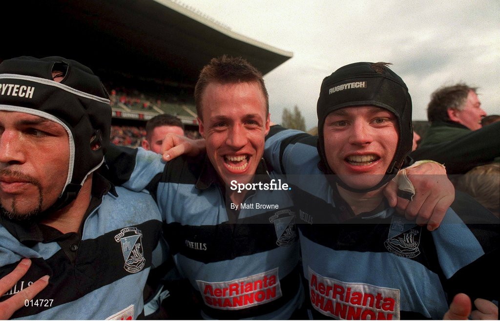 25 April 1998; Man of the Match Andrew Thompson of Shannon, centre, celebrates with team-mates Rhys Ellison, left, and Paul McMahon following the AIB All-Ireland League Division 1 Final match between Garryowen and Shannon at Lansdowne Road in Dublin. Photo by Matt Browne/Sportsfile