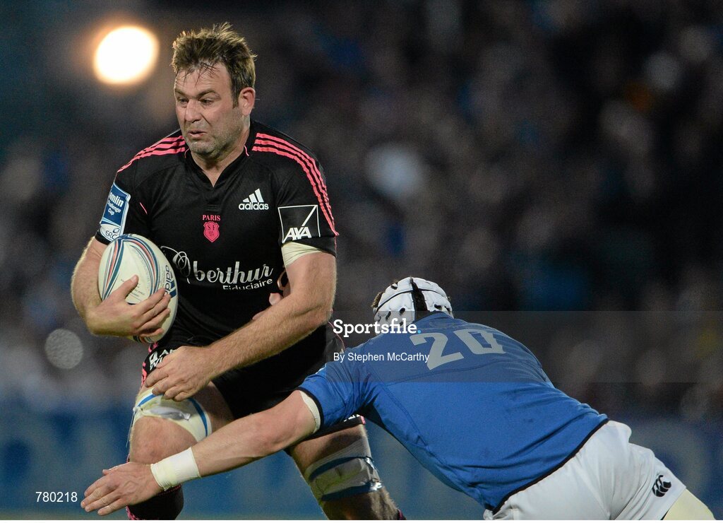 17 May 2013; David Lyons, Stade Francais, is tackled by Shane Jennings, Leinster. Amlin Challenge Cup Final 2012/13, Leinster v Stade Francais, RDS, Ballsbridge, Dublin. Picture credit: Stephen McCarthy / SPORTSFILE Picture credit: Stephen McCarthy / SPORTSFILE