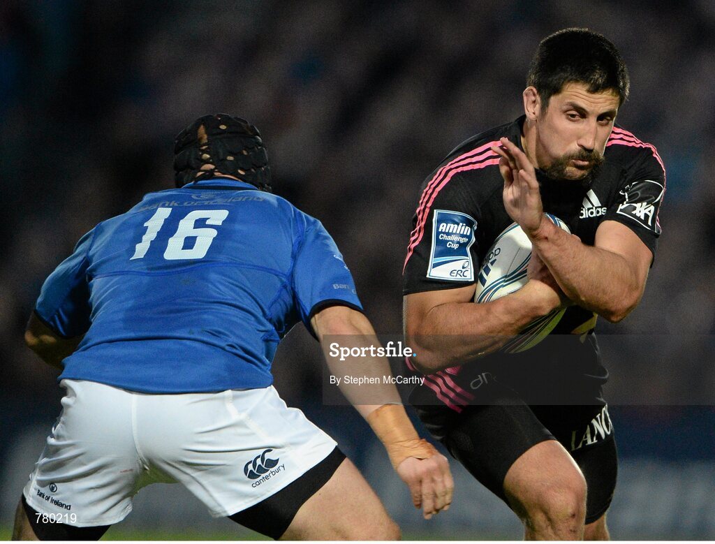17 May 2013; Paul Williams, Stade Francais, is tackled by Richardt Strauss, Leinster. Amlin Challenge Cup Final 2012/13, Leinster v Stade Francais, RDS, Ballsbridge, Dublin. Picture credit: Stephen McCarthy / SPORTSFILE Picture credit: Stephen McCarthy / SPORTSFILE