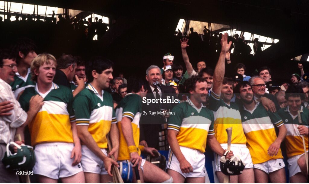 6 September 1981; Uachtarán Chumann Lúthchleas Gael Paddy McFlynn address the crowd after he presented Offaly captain Padraig Horan with the Liam MacCarthy Cup after the All-Ireland Senior Hurling Championship Final match between Offaly and Galway at Croke Park in Dublin. Photo by Ray McManus/Sportsfile