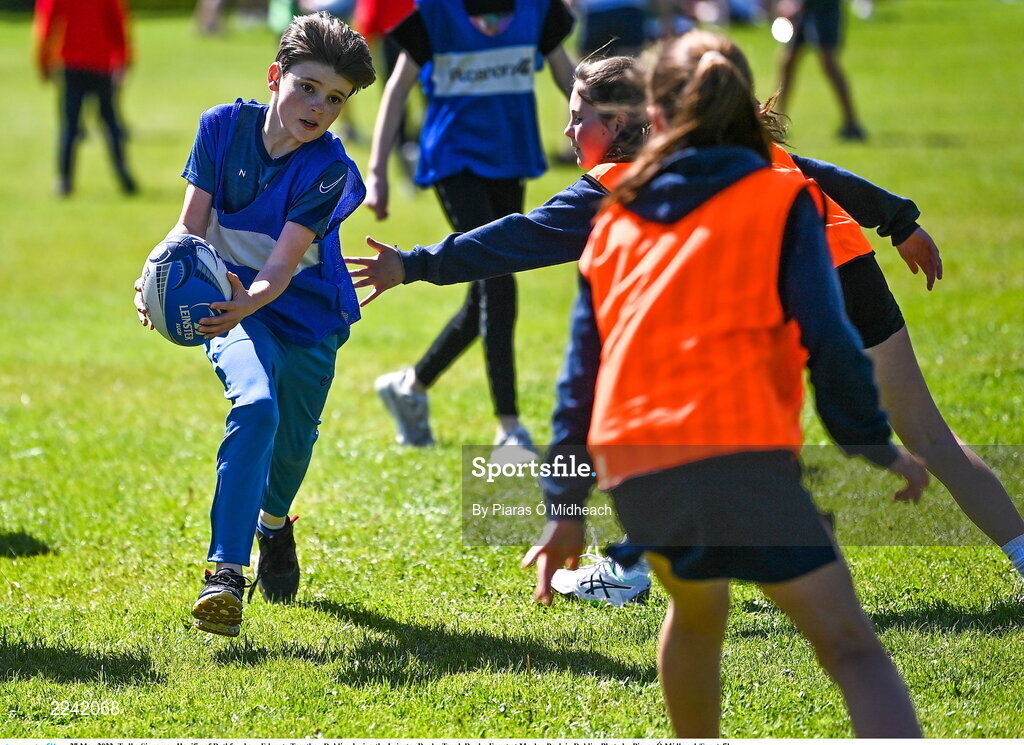 27 May 2022; Tadhg Sinnamon Hanifin of Rathfarnham Educate Together, Dublin, during the Leinster Rugby Touch Rugby Event at Marlay Park in Dublin. Photo by Piaras Ó Mídheach/Sportsfile