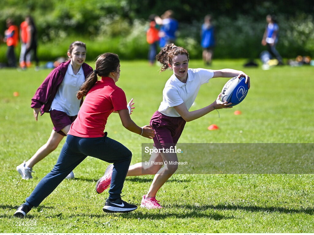 27 May 2022; Sian McCrohan of Hollypark GNS in Foxrock, Dublin, during the Leinster Rugby Touch Rugby Event at Marlay Park in Dublin. Photo by Piaras Ó Mídheach/Sportsfile