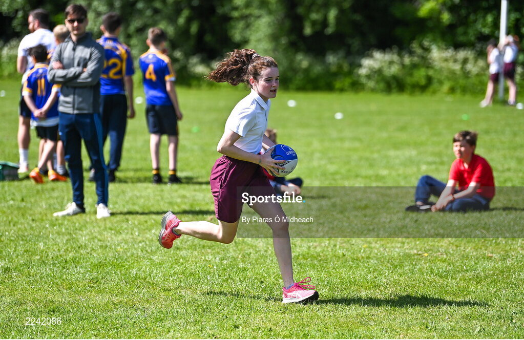 27 May 2022; Sian McCrohan of Hollypark GNS in Foxrock, Dublin, during the Leinster Rugby Touch Rugby Event at Marlay Park in Dublin. Photo by Piaras Ó Mídheach/Sportsfile
