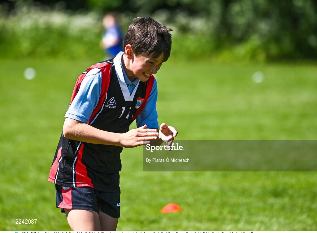 27 May 2022; Conor Pinlott of Saint Olaf's National School in Balally, Dublin, celebrates scoring a try during the Leinster Rugby Touch Rugby Event at Marlay Park in Dublin. Photo by Piaras Ó Mídheach/Sportsfile
