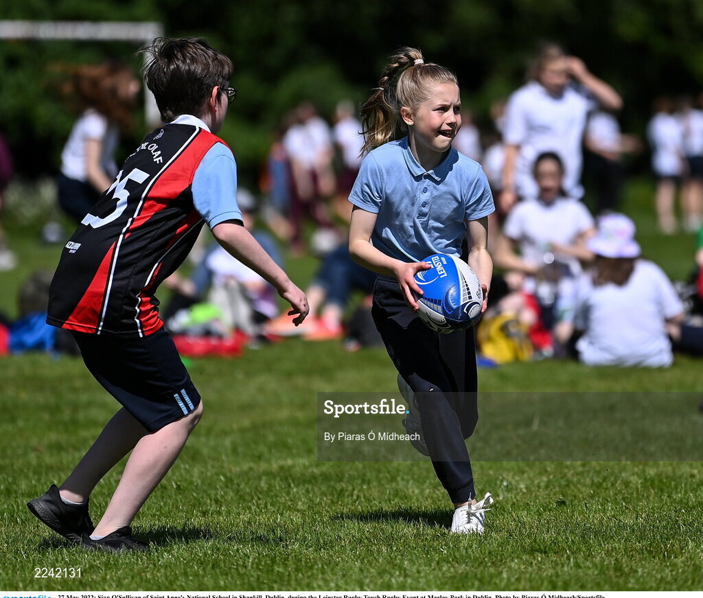 27 May 2022; Sian O'Sullivan of Saint Anne's National School in Shankill, Dublin, during the Leinster Rugby Touch Rugby Event at Marlay Park in Dublin. Photo by Piaras Ó Mídheach/Sportsfile