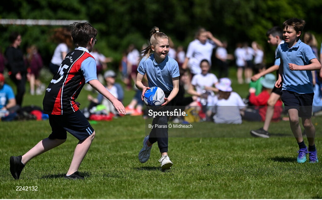 27 May 2022; Sian O'Sullivan of Saint Anne's National School in Shankill, Dublin, during the Leinster Rugby Touch Rugby Event at Marlay Park in Dublin. Photo by Piaras Ó Mídheach/Sportsfile