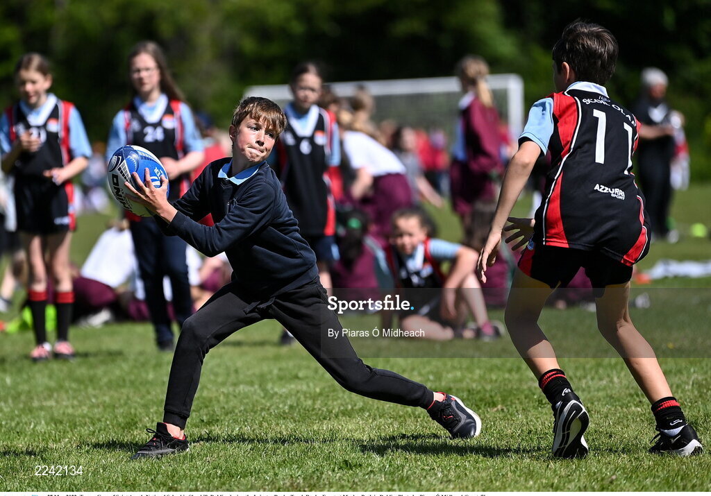 27 May 2022; Tymon Gora of Saint Anne's National School in Shankill, Dublin, during the Leinster Rugby Touch Rugby Event at Marlay Park in Dublin. Photo by Piaras Ó Mídheach/Sportsfile