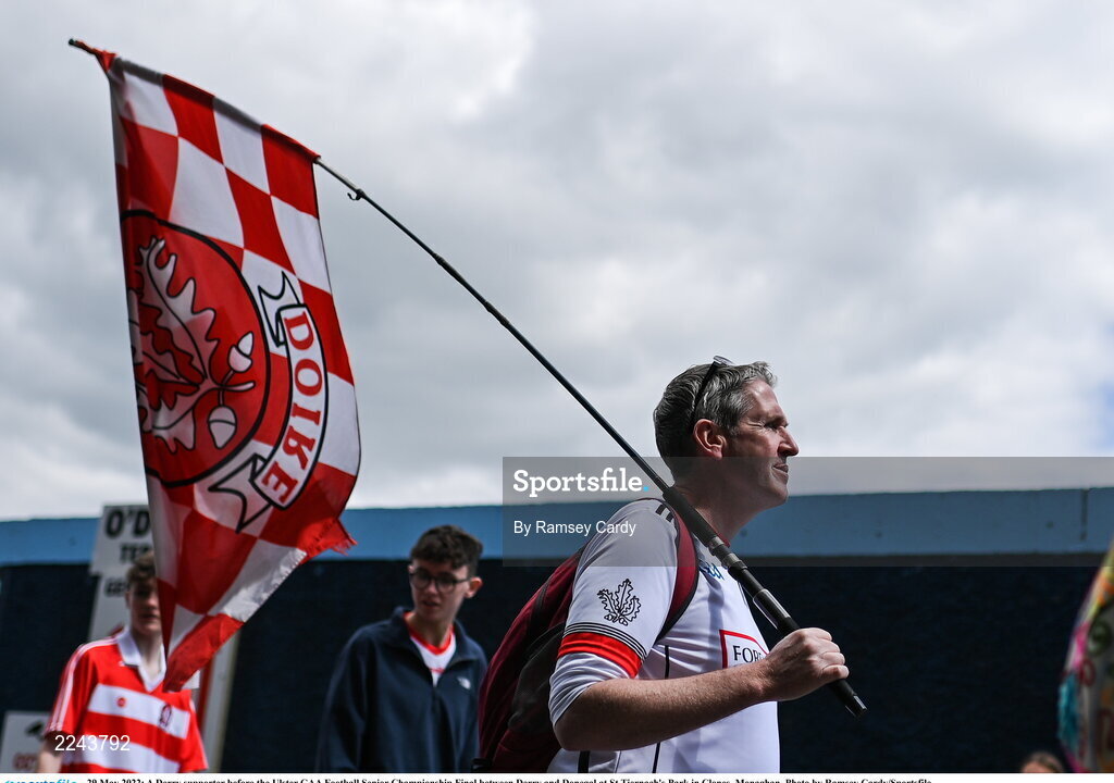29 May 2022; A Derry supporter before the Ulster GAA Football Senior Championship Final between Derry and Donegal at St Tiernach's Park in Clones, Monaghan. Photo by Ramsey Cardy/Sportsfile