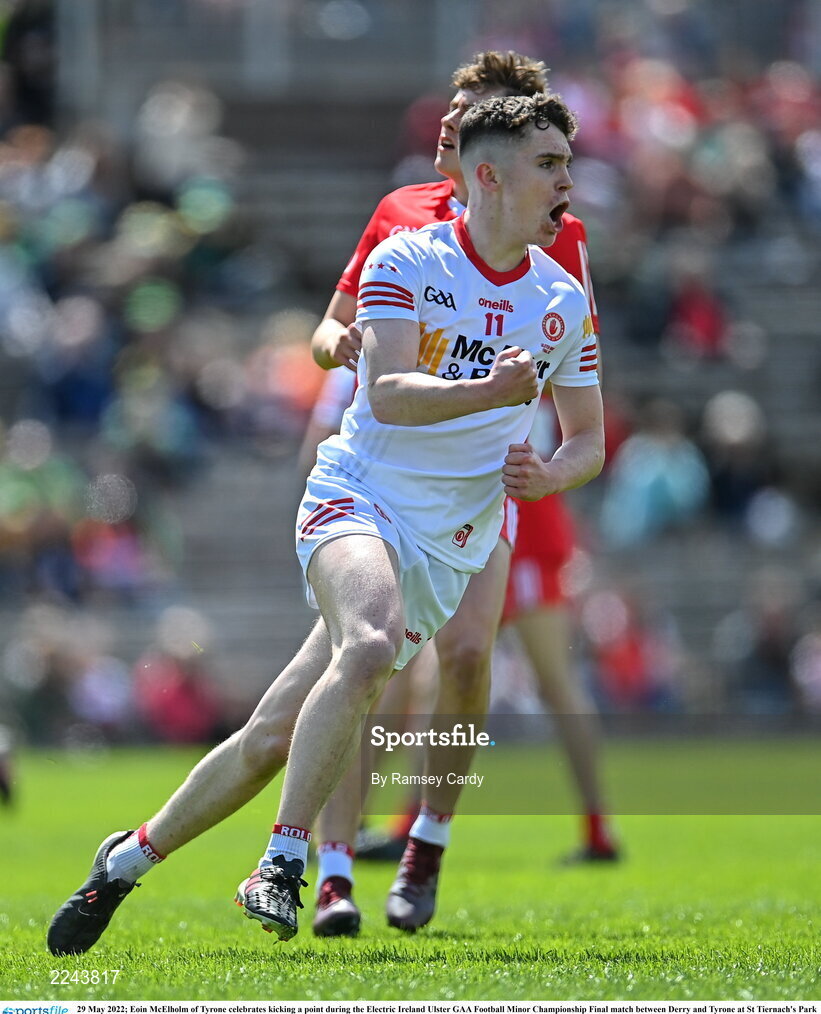29 May 2022; Eoin McElholm of Tyrone celebrates kicking a point during the Electric Ireland Ulster GAA Football Minor Championship Final match between Derry and Tyrone at St Tiernach's Park in Clones, Monaghan. Photo by Ramsey Cardy/Sportsfile