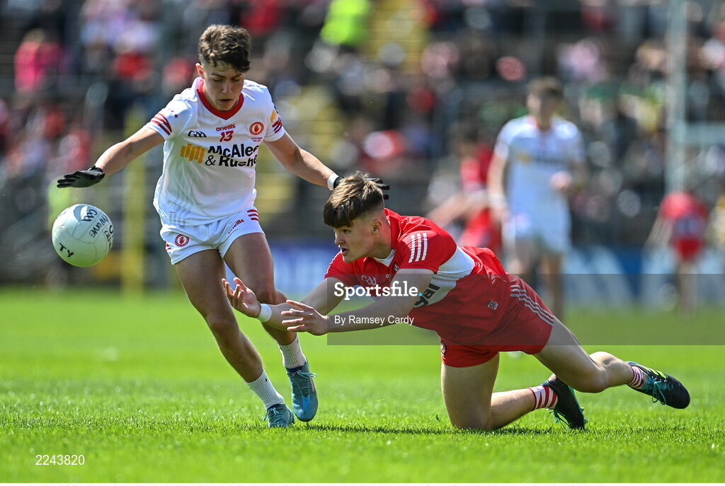 29 May 2022; Ciaran Chambers of Derry in action against Noah Grimes of Tyrone during the Electric Ireland Ulster GAA Football Minor Championship Final match between Derry and Tyrone at St Tiernach's Park in Clones, Monaghan. Photo by Ramsey Cardy/Sportsfile