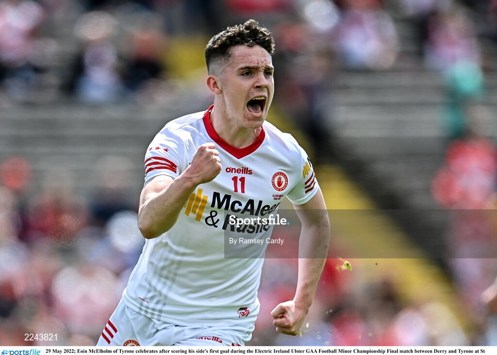 29 May 2022; Eoin McElholm of Tyrone celebrates after scoring his side's first goal during the Electric Ireland Ulster GAA Football Minor Championship Final match between Derry and Tyrone at St Tiernach's Park in Clones, Monaghan. Photo by Ramsey Cardy/Sportsfile