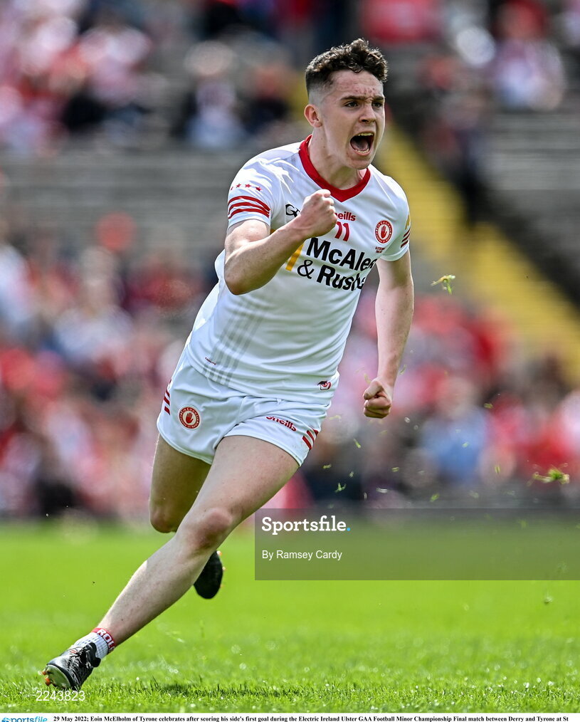 29 May 2022; Eoin McElholm of Tyrone celebrates after scoring his side's first goal during the Electric Ireland Ulster GAA Football Minor Championship Final match between Derry and Tyrone at St Tiernach's Park in Clones, Monaghan. Photo by Ramsey Cardy/Sportsfile