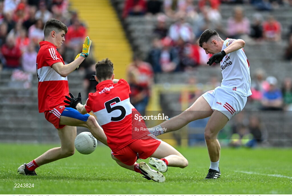 29 May 2022; Ronan Molloy of Tyrone shoots to score his side's second goal during the Electric Ireland Ulster GAA Football Minor Championship Final match between Derry and Tyrone at St Tiernach's Park in Clones, Monaghan. Photo by Ramsey Cardy/Sportsfile