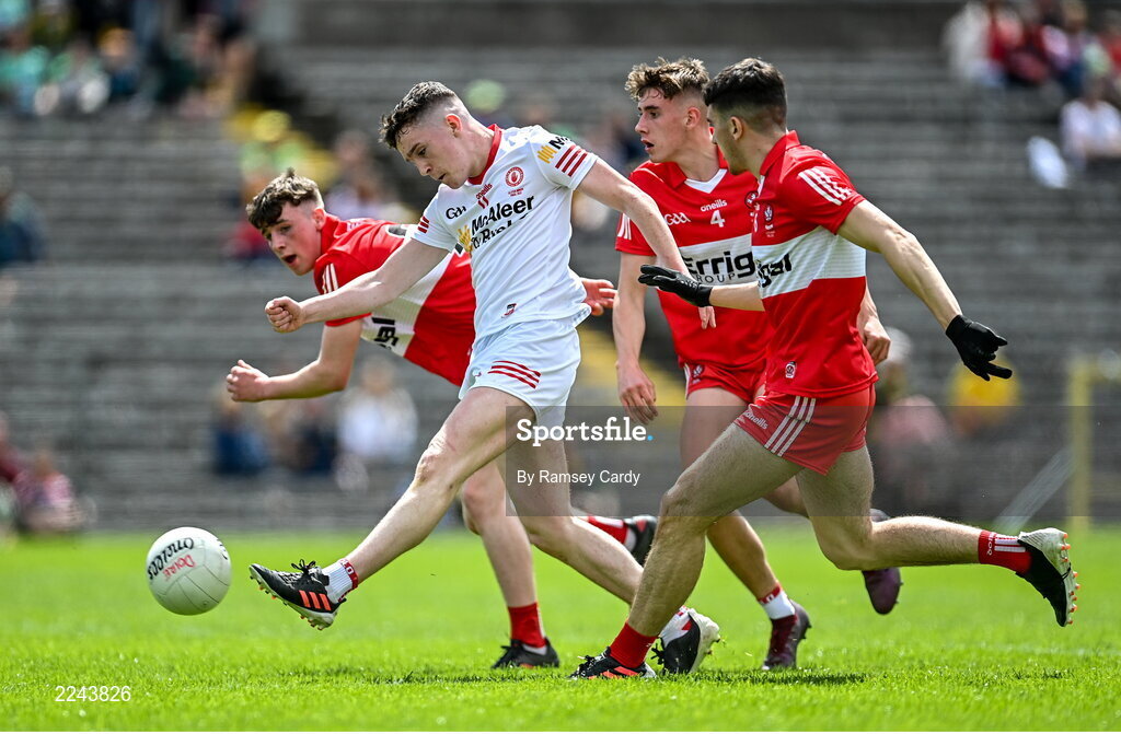 29 May 2022; Eoin McElholm of Tyrone shoots to score his side's first goal during the Electric Ireland Ulster GAA Football Minor Championship Final match between Derry and Tyrone at St Tiernach's Park in Clones, Monaghan. Photo by Ramsey Cardy/Sportsfile