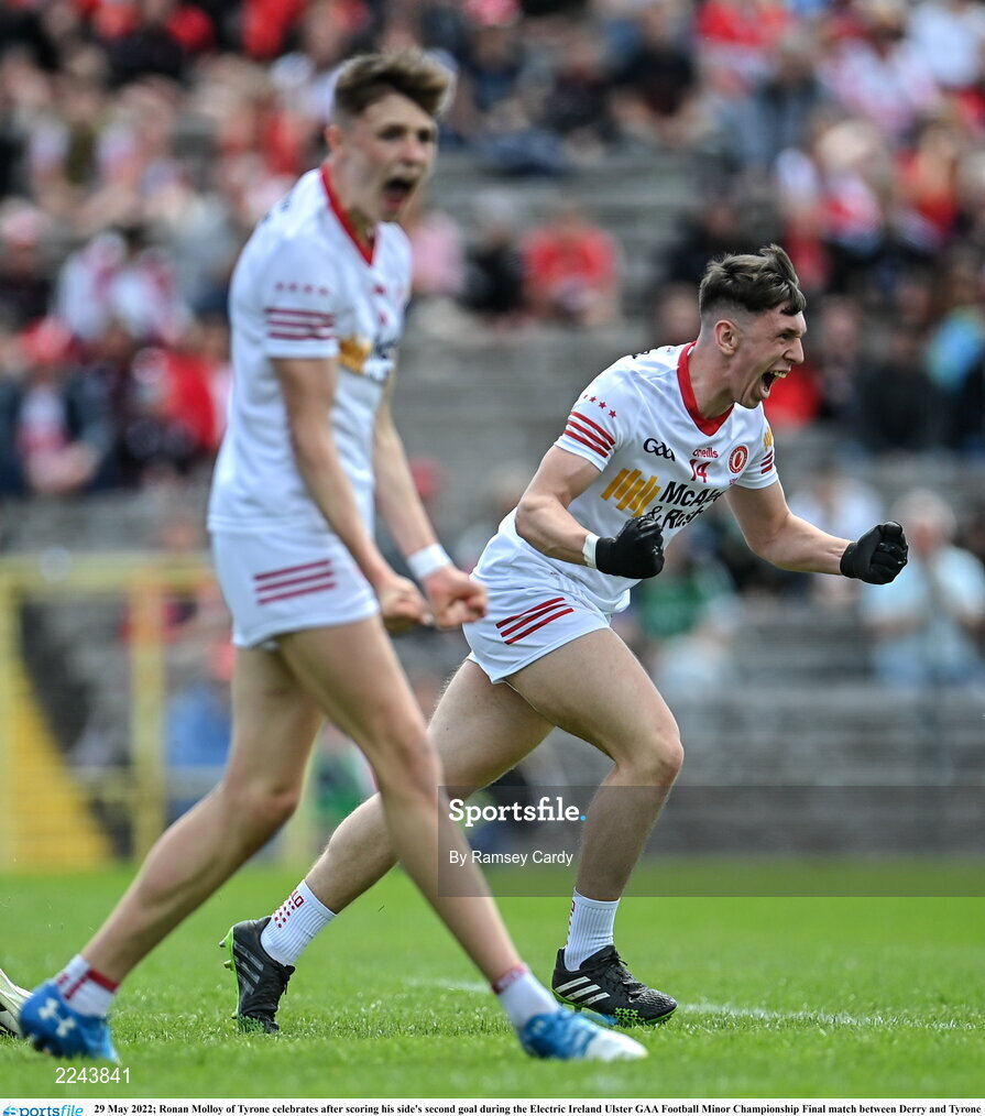 29 May 2022; Ronan Molloy of Tyrone celebrates after scoring his side's second goal during the Electric Ireland Ulster GAA Football Minor Championship Final match between Derry and Tyrone at St Tiernach's Park in Clones, Monaghan. Photo by Ramsey Cardy/Sportsfile