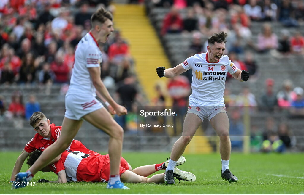 29 May 2022; Ronan Molloy of Tyrone celebrates after scoring his side's second goal during the Electric Ireland Ulster GAA Football Minor Championship Final match between Derry and Tyrone at St Tiernach's Park in Clones, Monaghan. Photo by Ramsey Cardy/Sportsfile