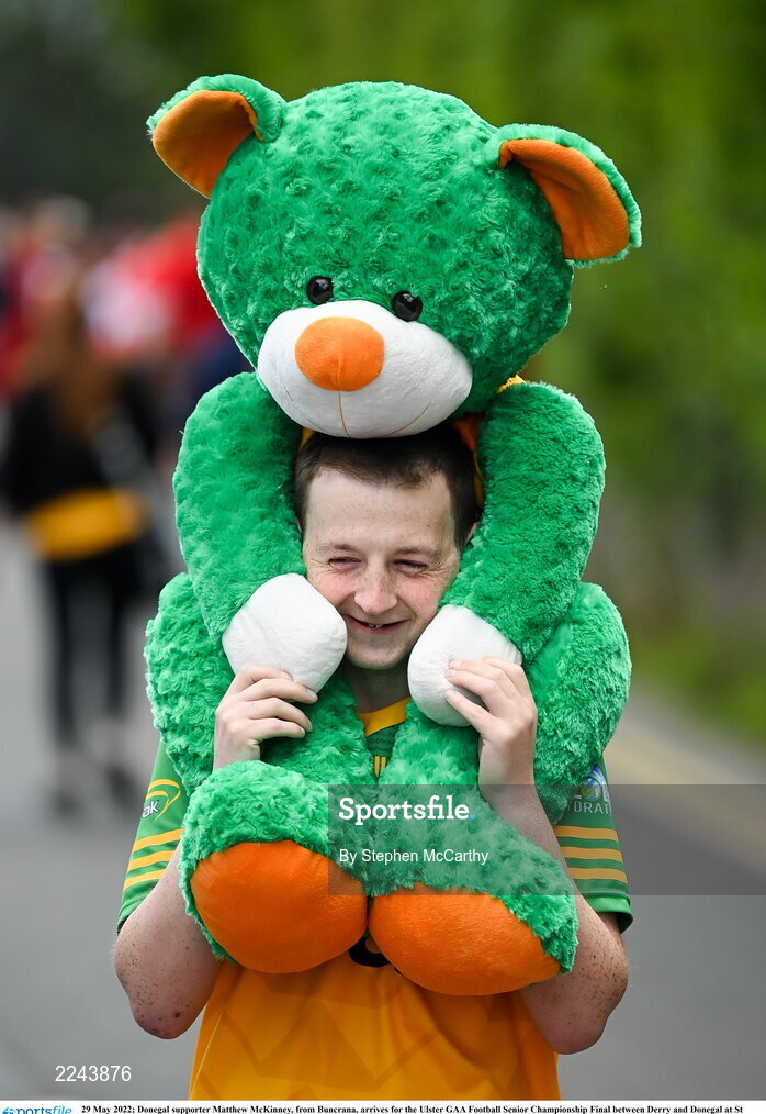 29 May 2022; Donegal supporter Matthew McKinney, from Buncrana, arrives for the Ulster GAA Football Senior Championship Final between Derry and Donegal at St Tiernach's Park in Clones, Monaghan. Photo by Stephen McCarthy/Sportsfile