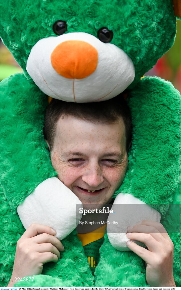 29 May 2022; Donegal supporter Matthew McKinney, from Buncrana, arrives for the Ulster GAA Football Senior Championship Final between Derry and Donegal at St Tiernach's Park in Clones, Monaghan. Photo by Stephen McCarthy/Sportsfile