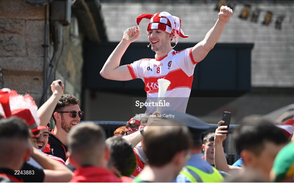 29 May 2022; Derry supporters before the Ulster GAA Football Senior Championship Final between Derry and Donegal at St Tiernach's Park in Clones, Monaghan. Photo by Stephen McCarthy/Sportsfile