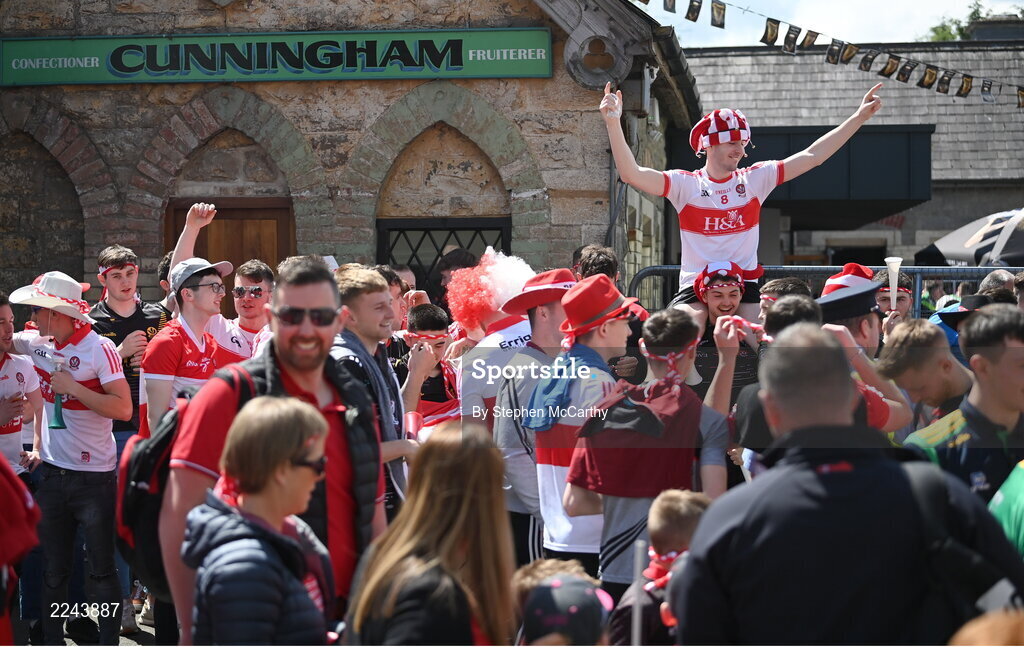 29 May 2022; Derry supporters before the Ulster GAA Football Senior Championship Final between Derry and Donegal at St Tiernach's Park in Clones, Monaghan. Photo by Stephen McCarthy/Sportsfile