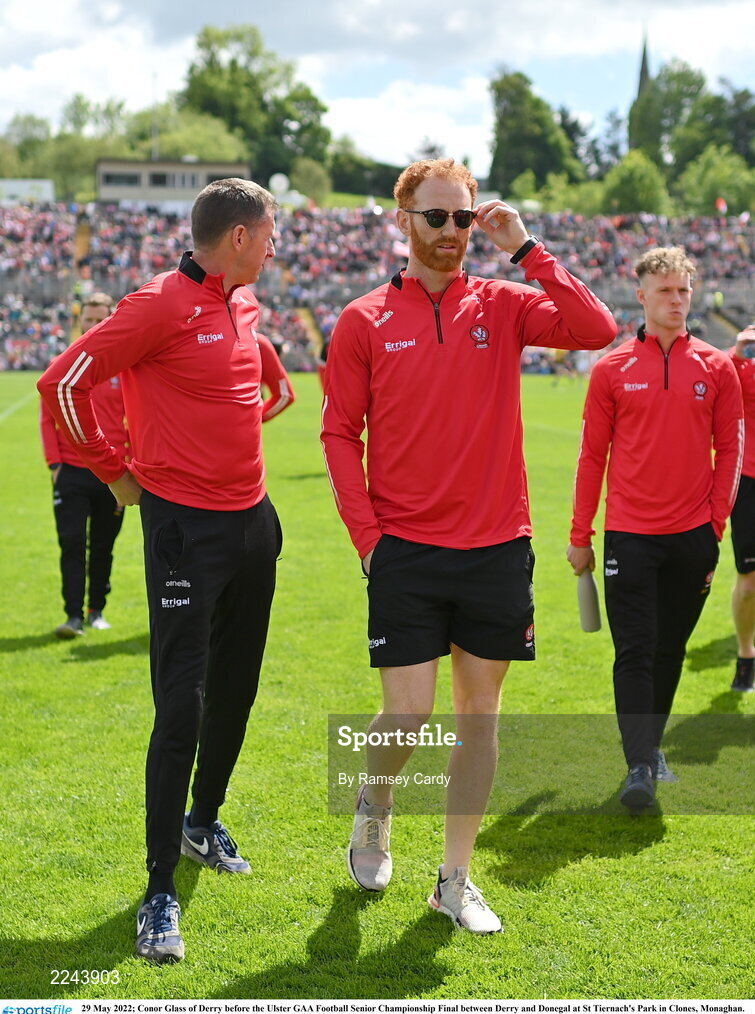29 May 2022; Conor Glass of Derry before the Ulster GAA Football Senior Championship Final between Derry and Donegal at St Tiernach's Park in Clones, Monaghan. Photo by Ramsey Cardy/Sportsfile
