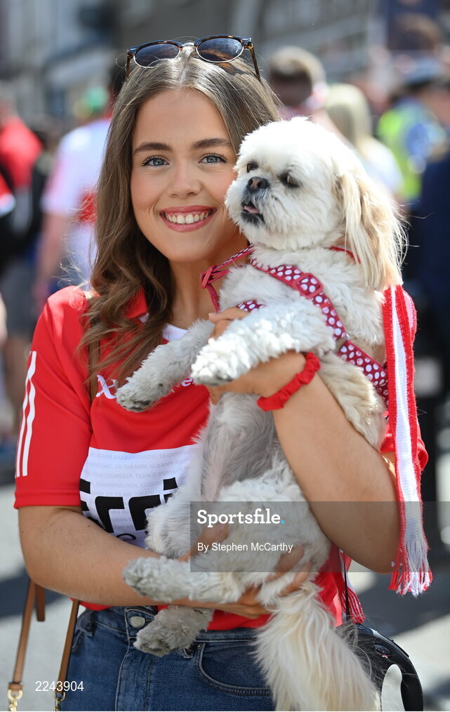 29 May 2022; Derry supporters Katie McCluskey and Penny before the Ulster GAA Football Senior Championship Final between Derry and Donegal at St Tiernach's Park in Clones, Monaghan. Photo by Stephen McCarthy/Sportsfile