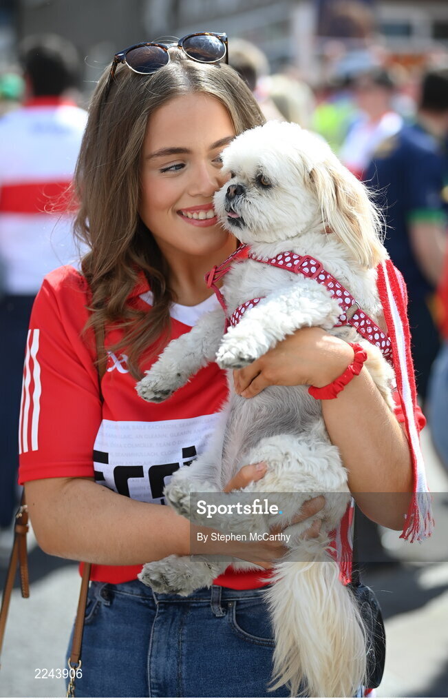 29 May 2022; Derry supporters Katie McCluskey and Penny before the Ulster GAA Football Senior Championship Final between Derry and Donegal at St Tiernach's Park in Clones, Monaghan. Photo by Stephen McCarthy/Sportsfile