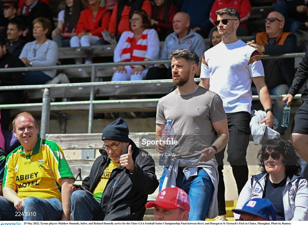 29 May 2022; Tyrone players Matthew Donnelly, below, and Richard Donnelly arrive for the Ulster GAA Football Senior Championship Final between Derry and Donegal at St Tiernach's Park in Clones, Monaghan. Photo by Ramsey Cardy/Sportsfile