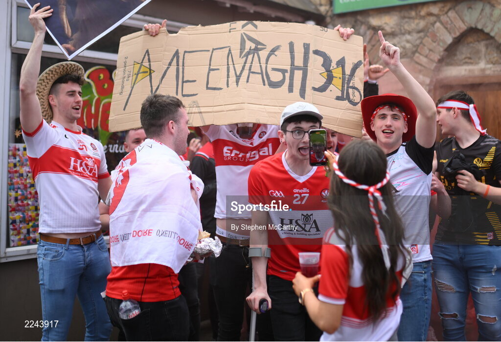 29 May 2022; Derry supporters before the Ulster GAA Football Senior Championship Final between Derry and Donegal at St Tiernach's Park in Clones, Monaghan. Photo by Stephen McCarthy/Sportsfile