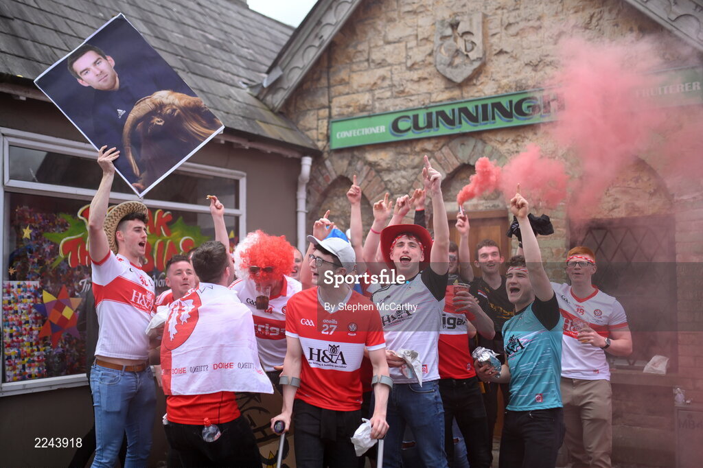 29 May 2022; Derry supporters before the Ulster GAA Football Senior Championship Final between Derry and Donegal at St Tiernach's Park in Clones, Monaghan. Photo by Stephen McCarthy/Sportsfile