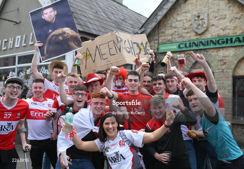 29 May 2022; Derry supporters before the Ulster GAA Football Senior Championship Final between Derry and Donegal at St Tiernach's Park in Clones, Monaghan. Photo by Stephen McCarthy/Sportsfile