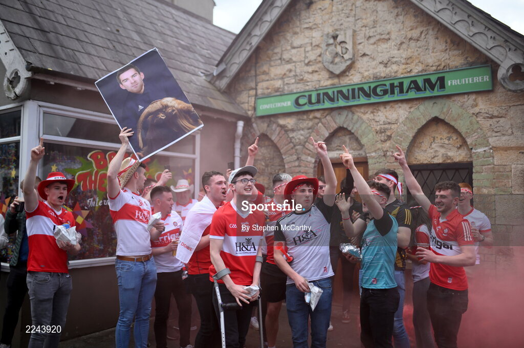29 May 2022; Derry supporters before the Ulster GAA Football Senior Championship Final between Derry and Donegal at St Tiernach's Park in Clones, Monaghan. Photo by Stephen McCarthy/Sportsfile