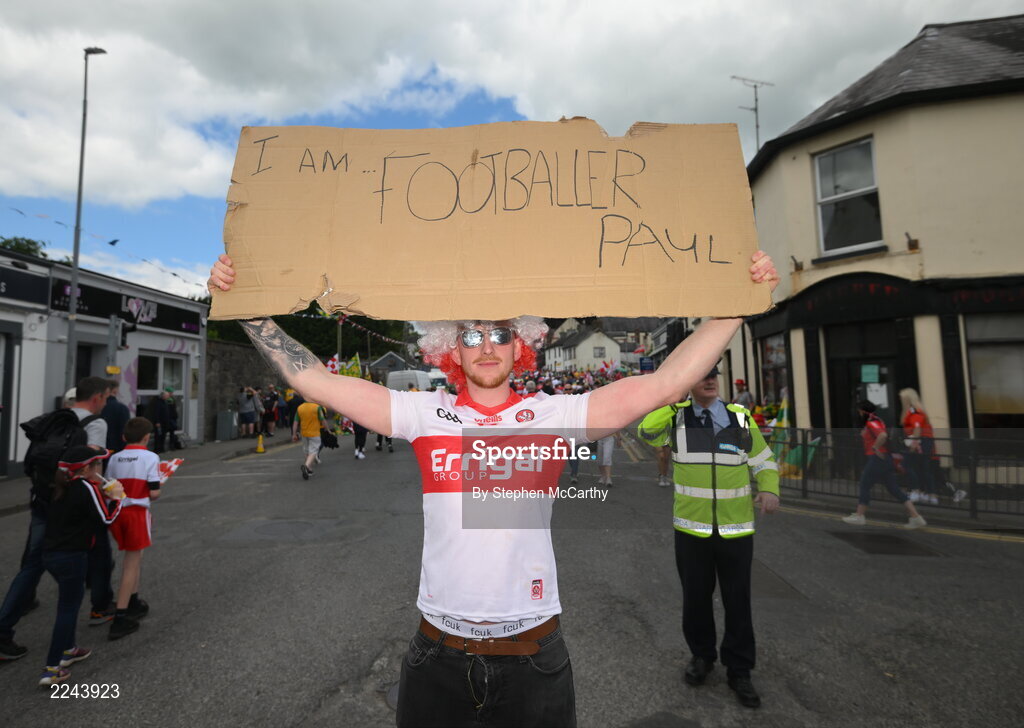 29 May 2022; A Derry supporter poses for a photograph before the Ulster GAA Football Senior Championship Final between Derry and Donegal at St Tiernach's Park in Clones, Monaghan. Photo by Stephen McCarthy/Sportsfile