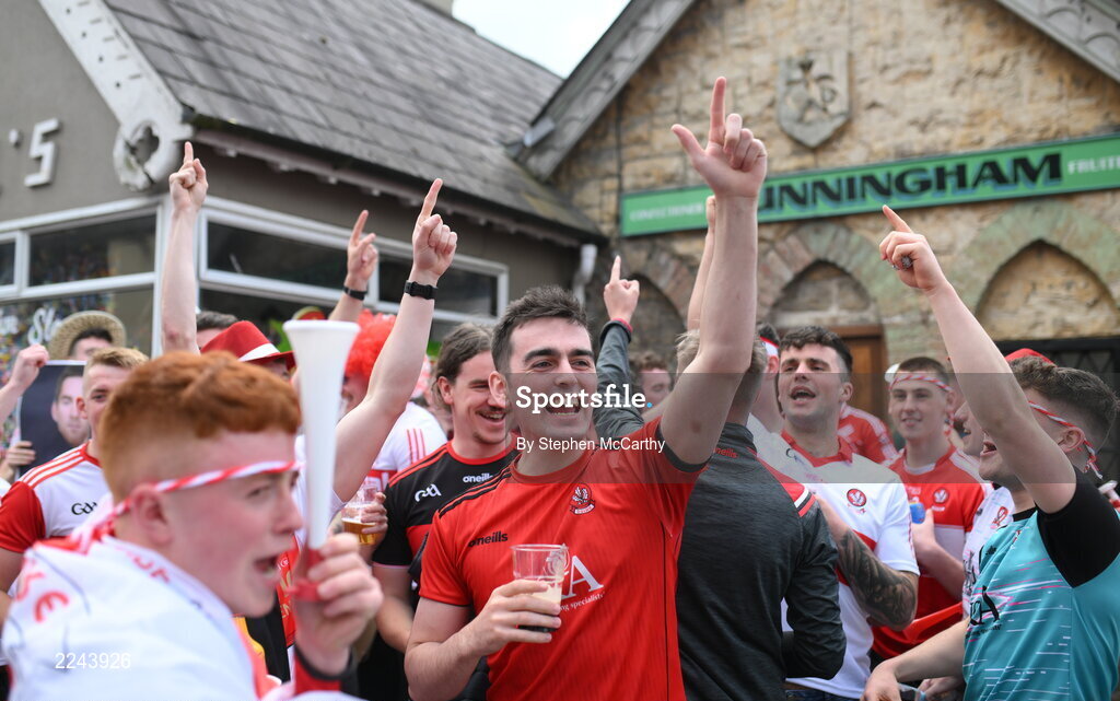 29 May 2022; Derry supporters before the Ulster GAA Football Senior Championship Final between Derry and Donegal at St Tiernach's Park in Clones, Monaghan. Photo by Stephen McCarthy/Sportsfile
