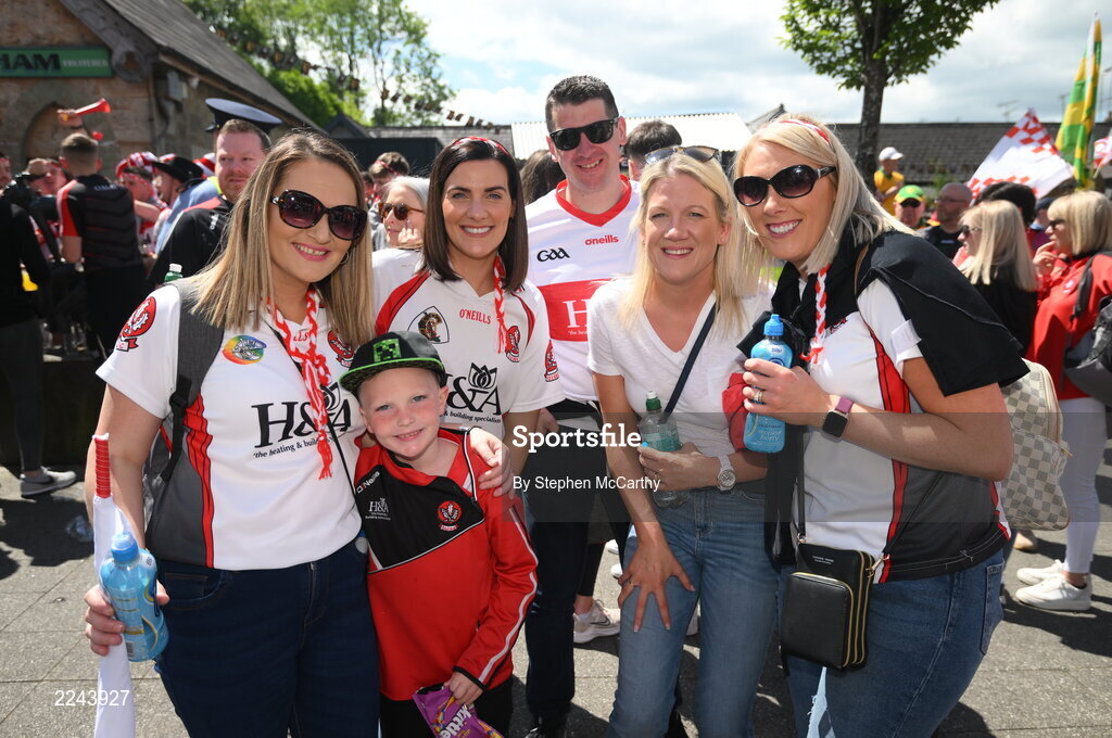 29 May 2022; Derry supporters before the Ulster GAA Football Senior Championship Final between Derry and Donegal at St Tiernach's Park in Clones, Monaghan. Photo by Stephen McCarthy/Sportsfile
