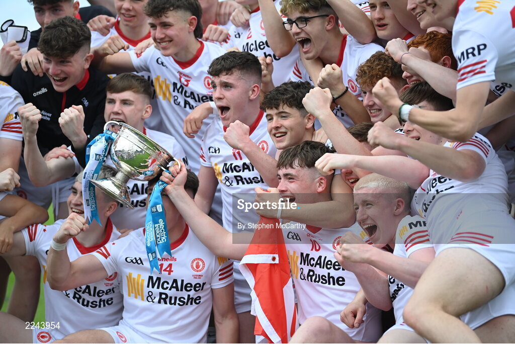 29 May 2022; Tyrone players celebrate after the Electric Ireland Ulster GAA Football Minor Championship Final match between Derry and Tyrone at St Tiernach's Park in Clones, Monaghan. Photo by Stephen McCarthy/Sportsfile
