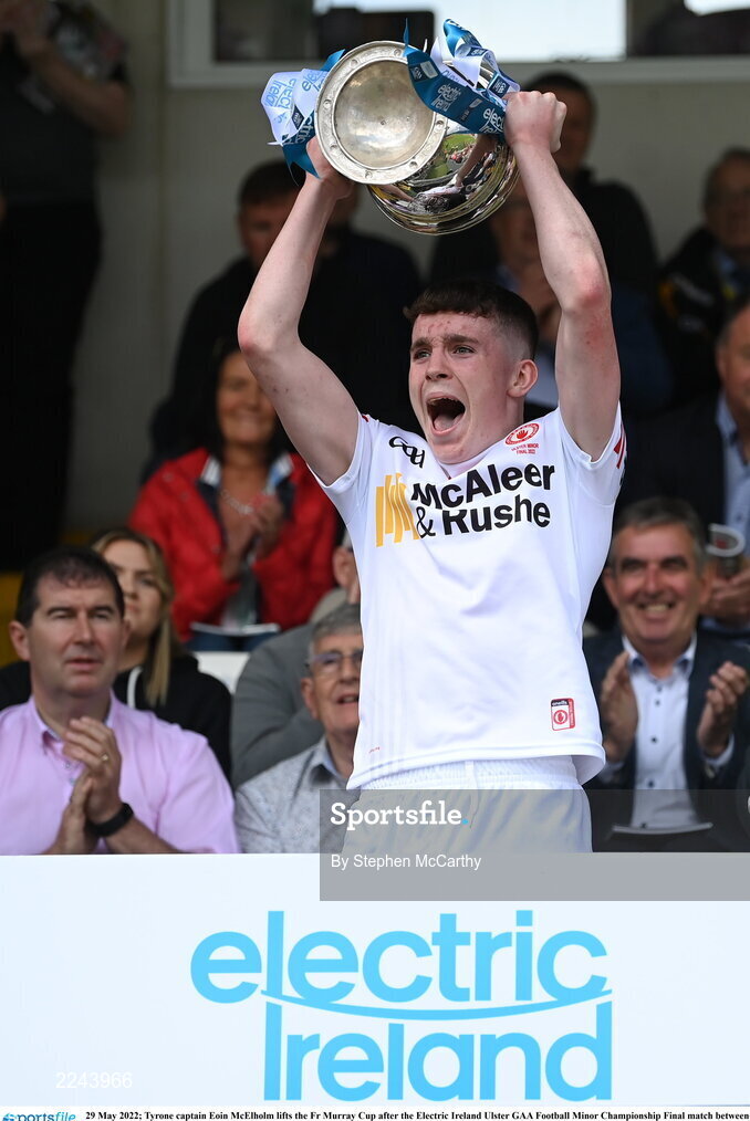 29 May 2022; Tyrone captain Eoin McElholm lifts the Fr Murray Cup after the Electric Ireland Ulster GAA Football Minor Championship Final match between Derry and Tyrone at St Tiernach's Park in Clones, Monaghan. Photo by Stephen McCarthy/Sportsfile