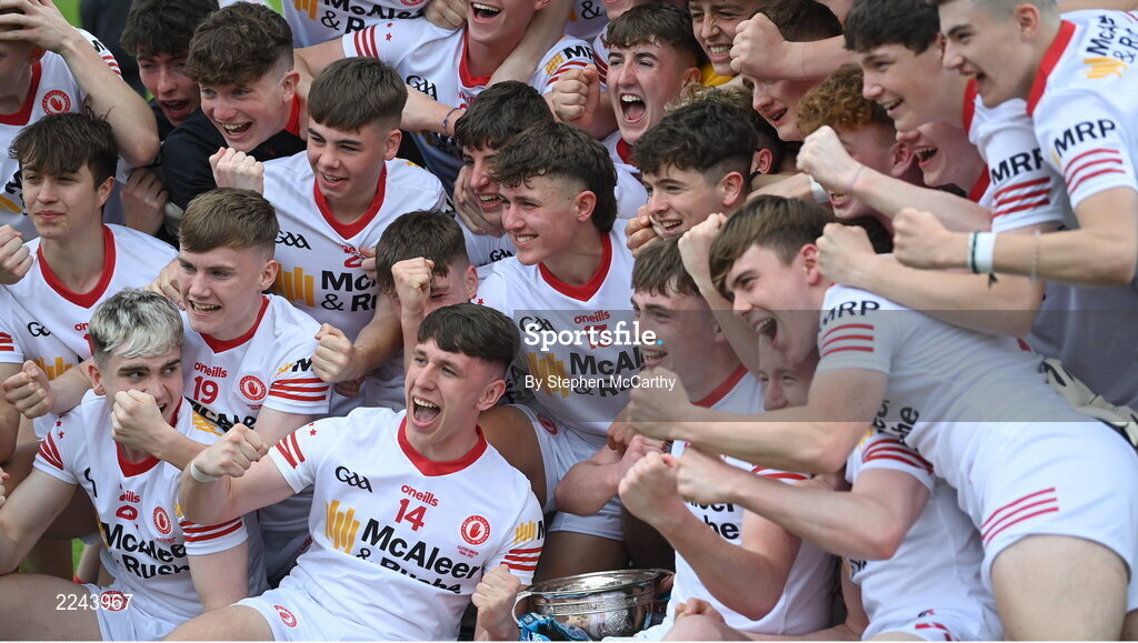 29 May 2022; Tyrone players celebrate after the Electric Ireland Ulster GAA Football Minor Championship Final match between Derry and Tyrone at St Tiernach's Park in Clones, Monaghan. Photo by Stephen McCarthy/Sportsfile