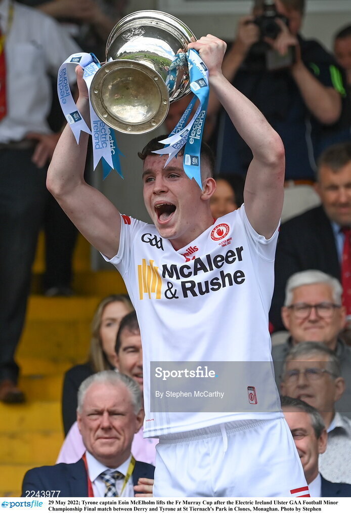 29 May 2022; Tyrone captain Eoin McElholm lifts the Fr Murray Cup after the Electric Ireland Ulster GAA Football Minor Championship Final match between Derry and Tyrone at St Tiernach's Park in Clones, Monaghan. Photo by Stephen McCarthy/Sportsfile