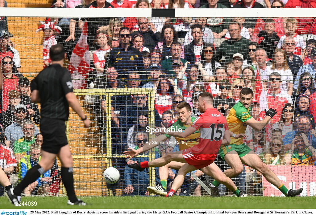 29 May 2022; Niall Loughlin of Derry shoots to score his side's first goal during the Ulster GAA Football Senior Championship Final between Derry and Donegal at St Tiernach's Park in Clones, Monaghan. Photo by Stephen McCarthy/Sportsfile