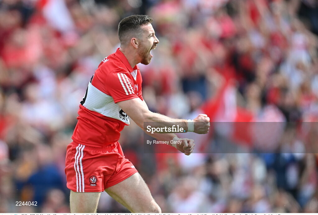 29 May 2022; Niall Loughlin of Derry celebrates after scoring his side's first goal during the Ulster GAA Football Senior Championship Final between Derry and Donegal at St Tiernach's Park in Clones, Monaghan. Photo by Ramsey Cardy/Sportsfile