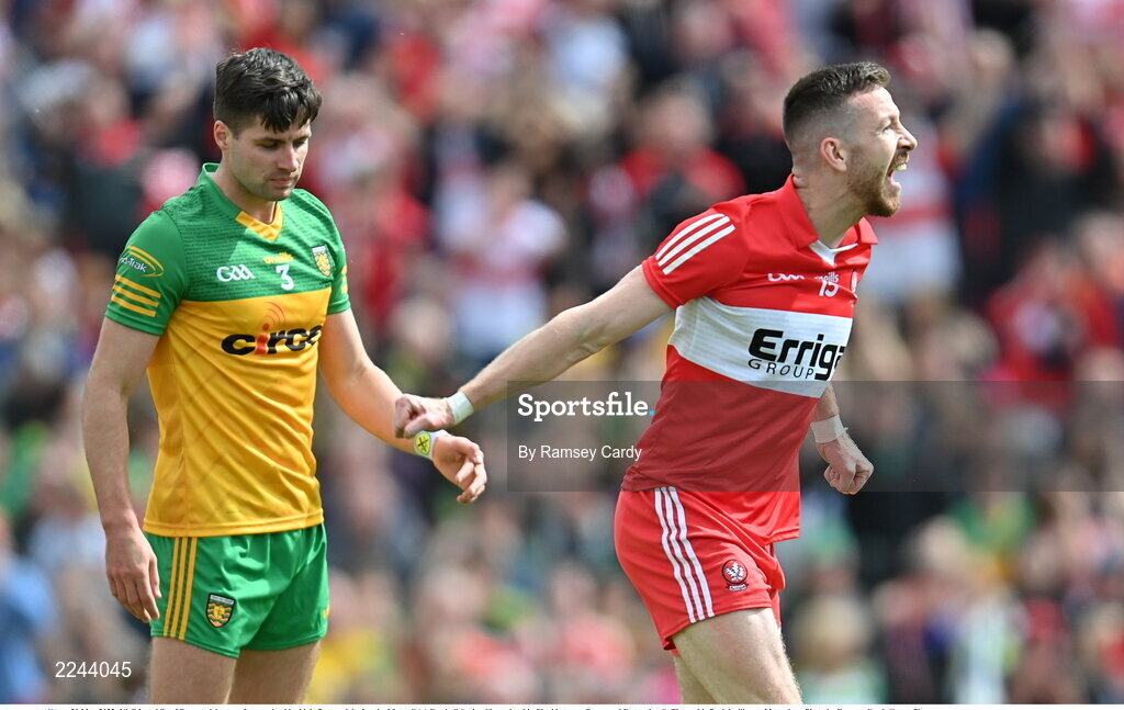 29 May 2022; Niall Loughlin of Derry celebrates after scoring his side's first goal during the Ulster GAA Football Senior Championship Final between Derry and Donegal at St Tiernach's Park in Clones, Monaghan. Photo by Ramsey Cardy/Sportsfile