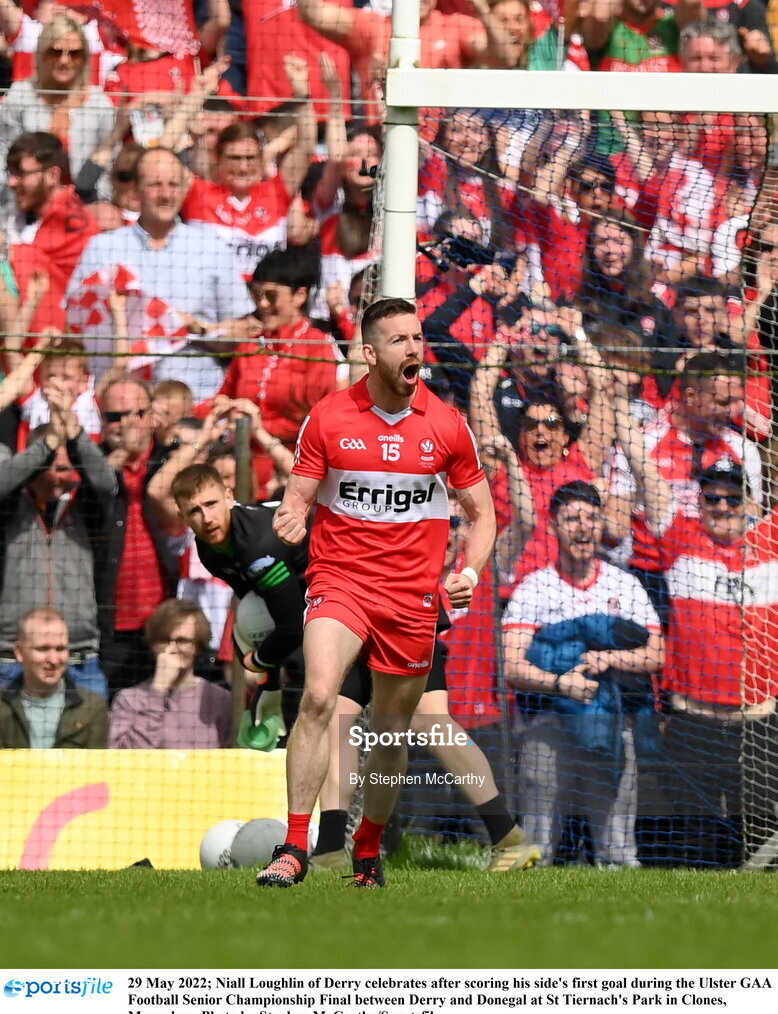 29 May 2022; Niall Loughlin of Derry celebrates after scoring his side's first goal during the Ulster GAA Football Senior Championship Final between Derry and Donegal at St Tiernach's Park in Clones, Monaghan. Photo by Stephen McCarthy/Sportsfile