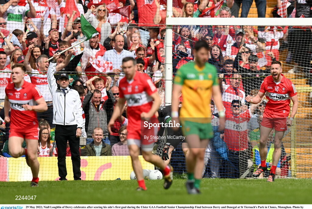 29 May 2022; Niall Loughlin of Derry celebrates after scoring his side's first goal during the Ulster GAA Football Senior Championship Final between Derry and Donegal at St Tiernach's Park in Clones, Monaghan. Photo by Stephen McCarthy/Sportsfile